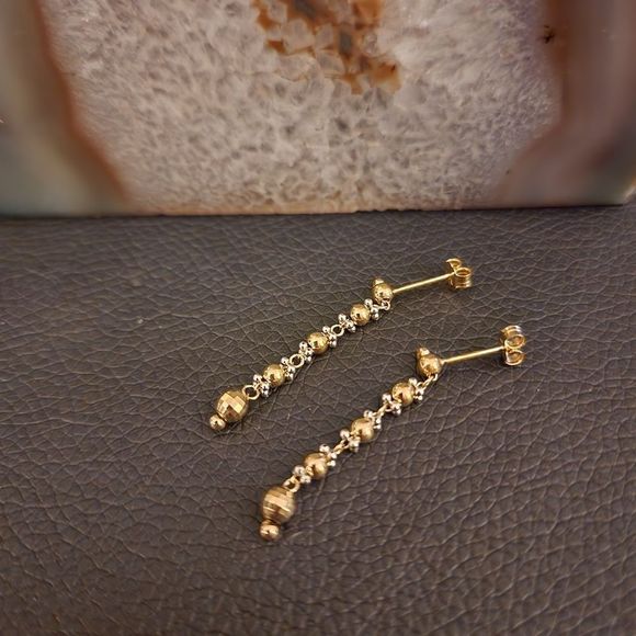 14k ⭐️ Gold Drop Earrings Two Tone Fancy Beaded Link - Picture 2 of 6